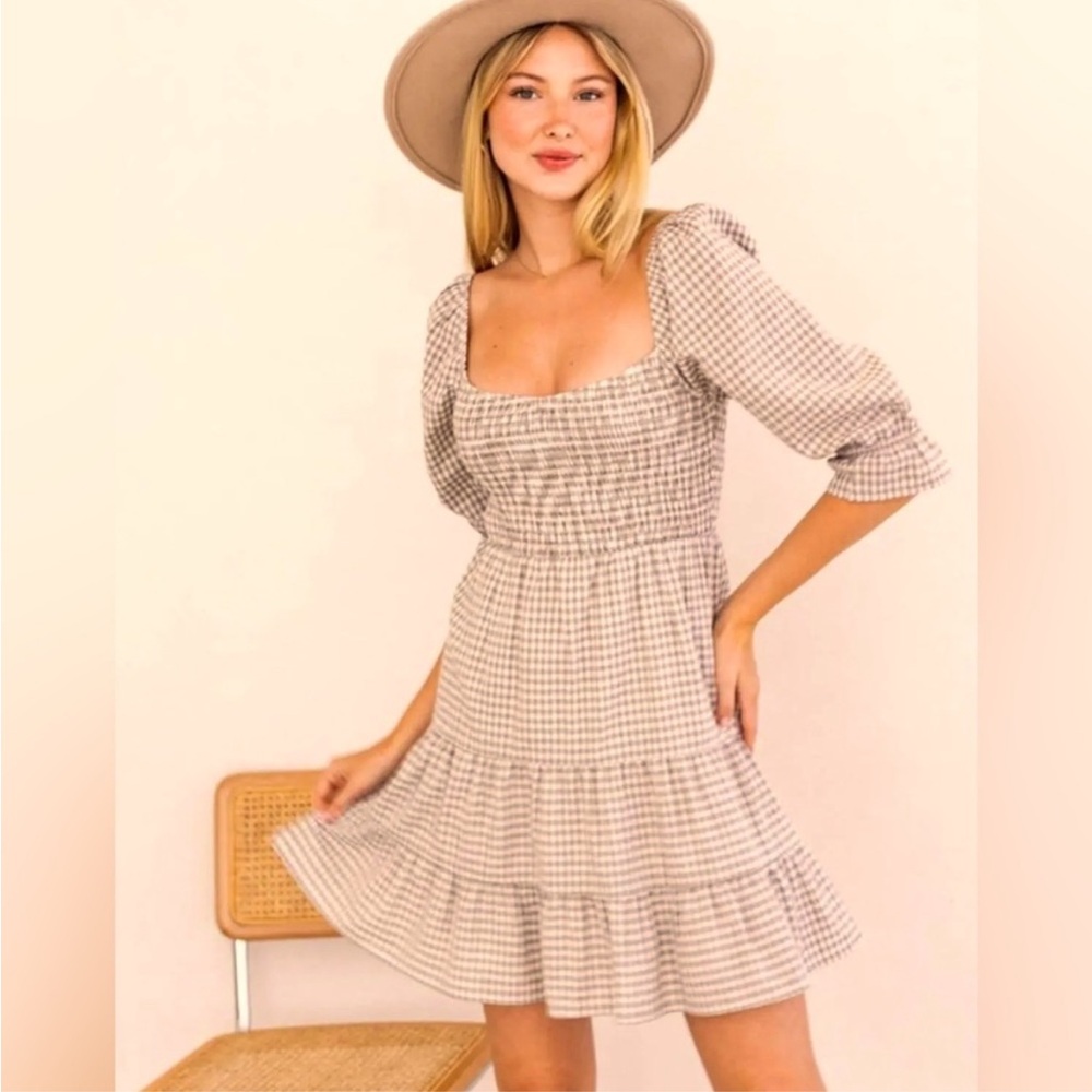 Tan and Cream Smocked Tiered Midi Sundress